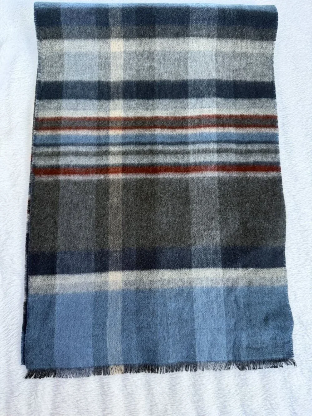 Cashmink Multi Plaid Solid Reversible Scarf Blue Gray Rust Acrylic 30X180 New